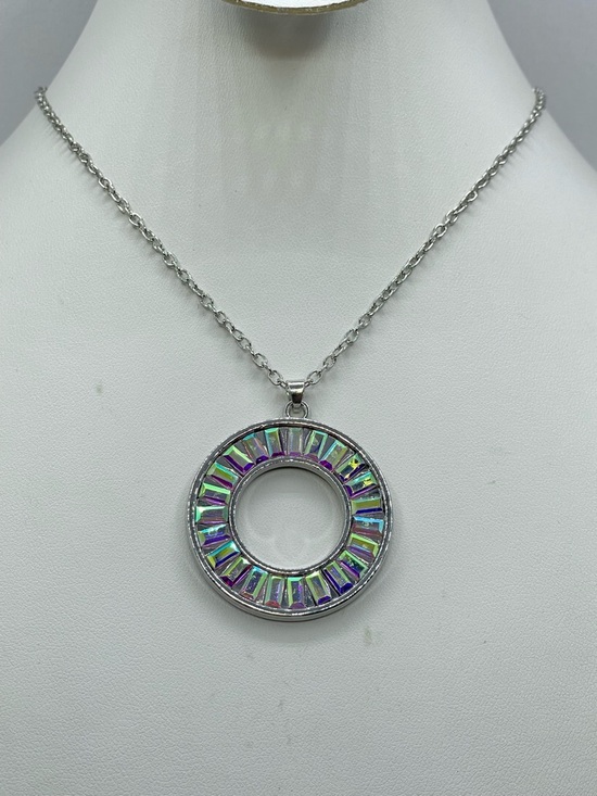 Unsigned Jewelry - Silver Tone AB Crystal Circle Pendant Necklace Iridescent Baguette Halo